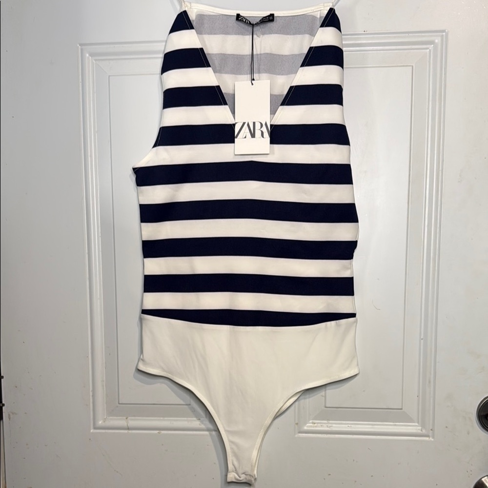 Zara Black and White Striped Sleeveless Bodysuit